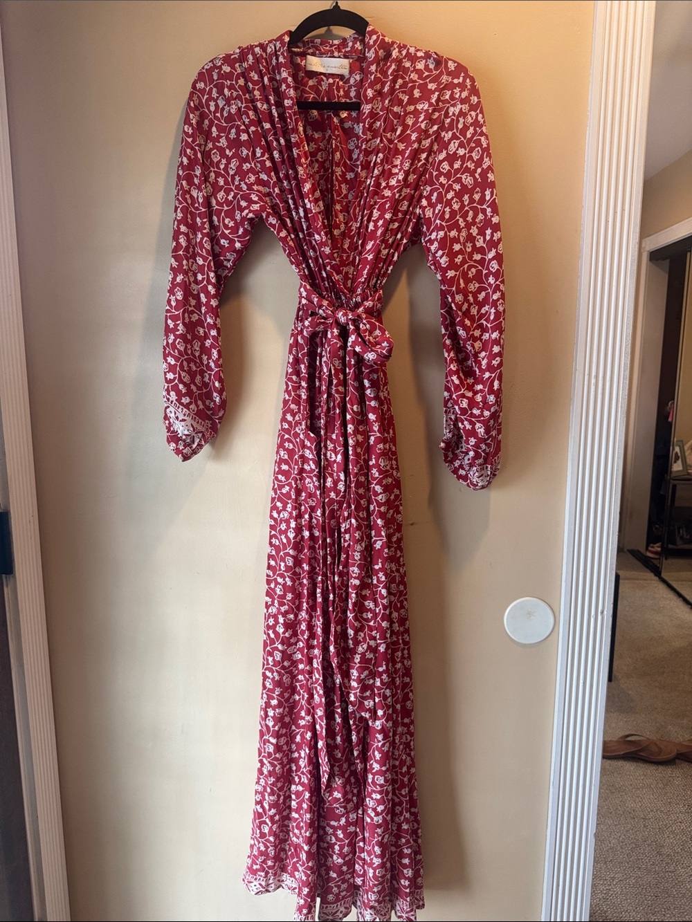 Natalie Martin Red Floral Tie-Waist Maxi Dress 100% Silk